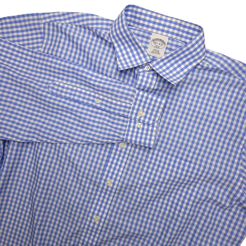 Brooks Brothers Dress Shirt Mens 16.5 34/35 Blue Gingham 346 Slim‎ Fit Non Iron